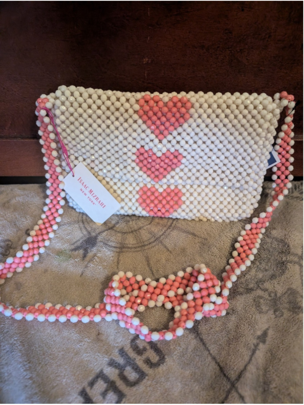 Isaac Mizrahi Beaded White Pink Hearts Valentines Cottagecore Bag Purse NWT